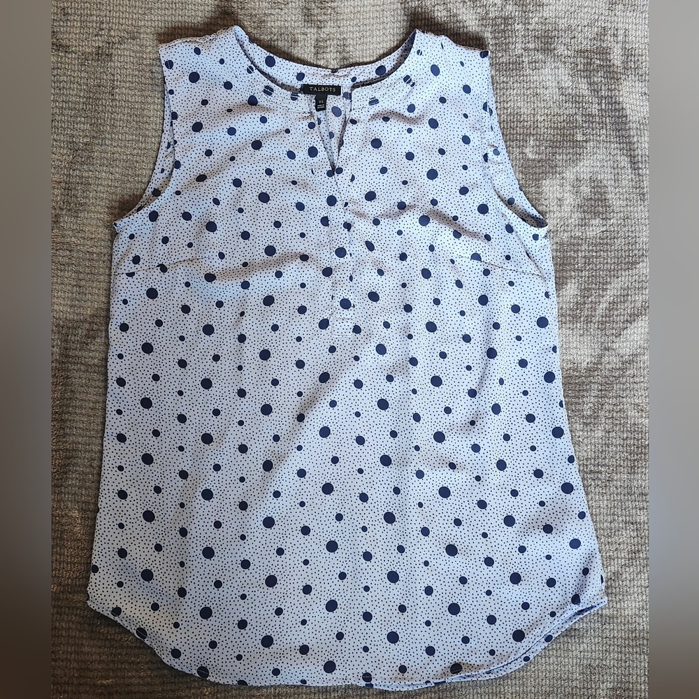 Talbots Sleeveless Flowy V-neck Powder Blue And Navy Polkadot Top Sz XS,